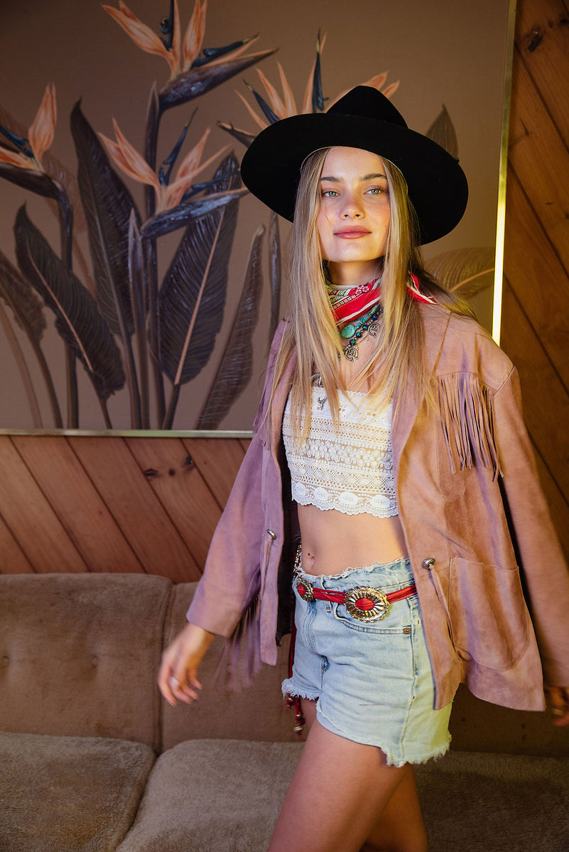 I'm Your Baby Tonight Suede Fringe Jacket - Pink - Chasing Unicorns