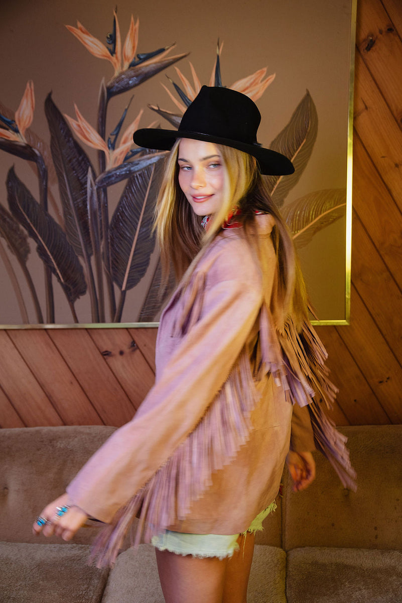 I'm Your Baby Tonight Suede Fringe Jacket - Pink - Chasing Unicorns