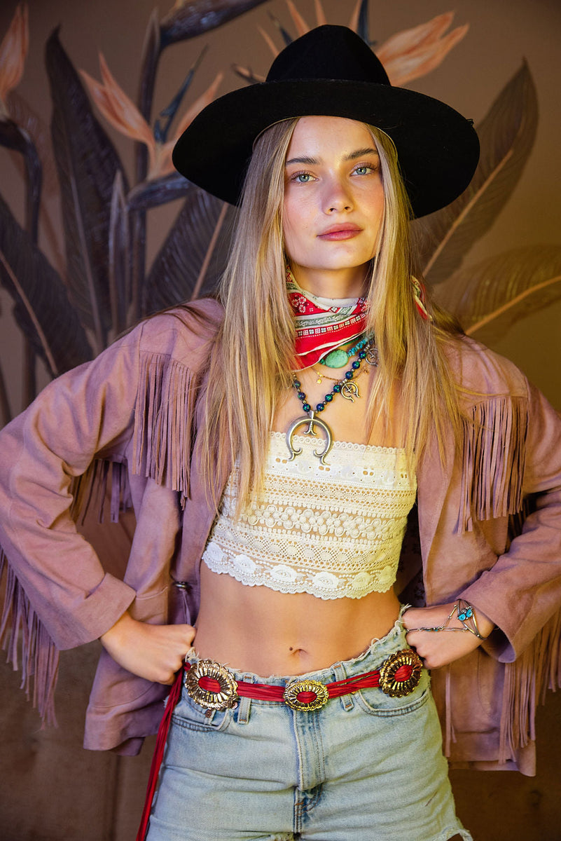 I'm Your Baby Tonight Suede Fringe Jacket - Pink - Chasing Unicorns