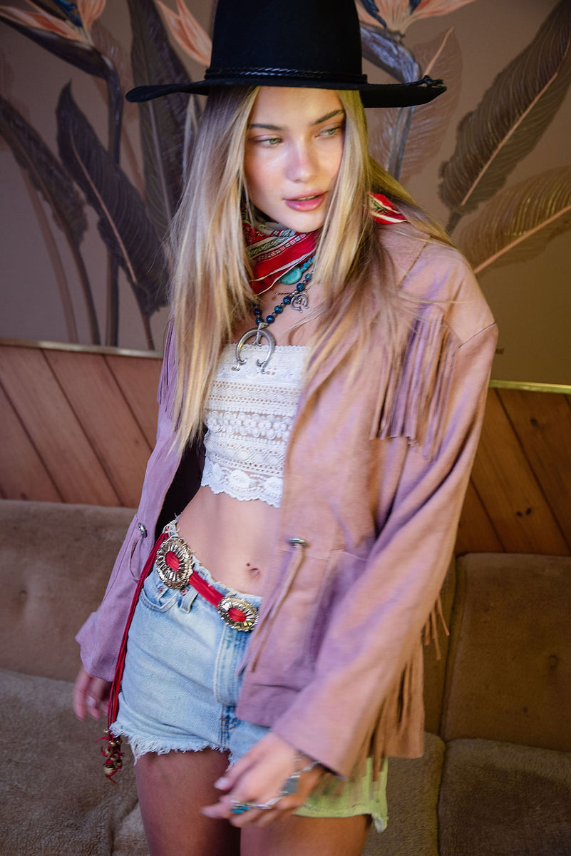 I'm Your Baby Tonight Suede Fringe Jacket - Pink - Chasing Unicorns