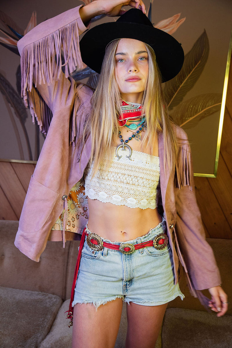 I'm Your Baby Tonight Suede Fringe Jacket - Pink - Chasing Unicorns