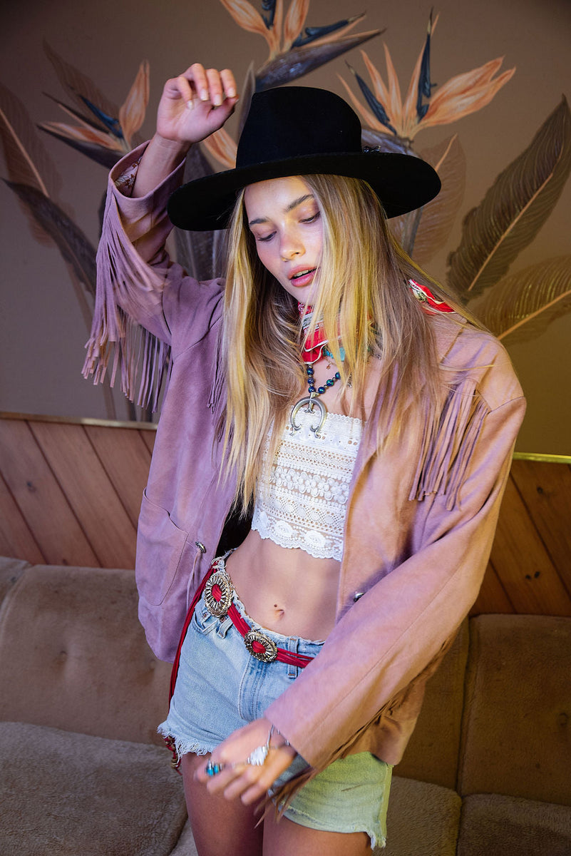 I'm Your Baby Tonight Suede Fringe Jacket - Pink - Chasing Unicorns