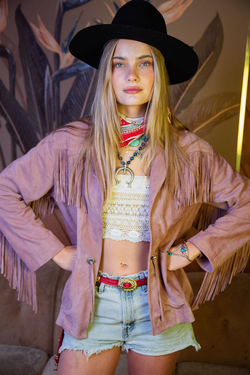 I'm Your Baby Tonight Suede Fringe Jacket - Pink - Chasing Unicorns
