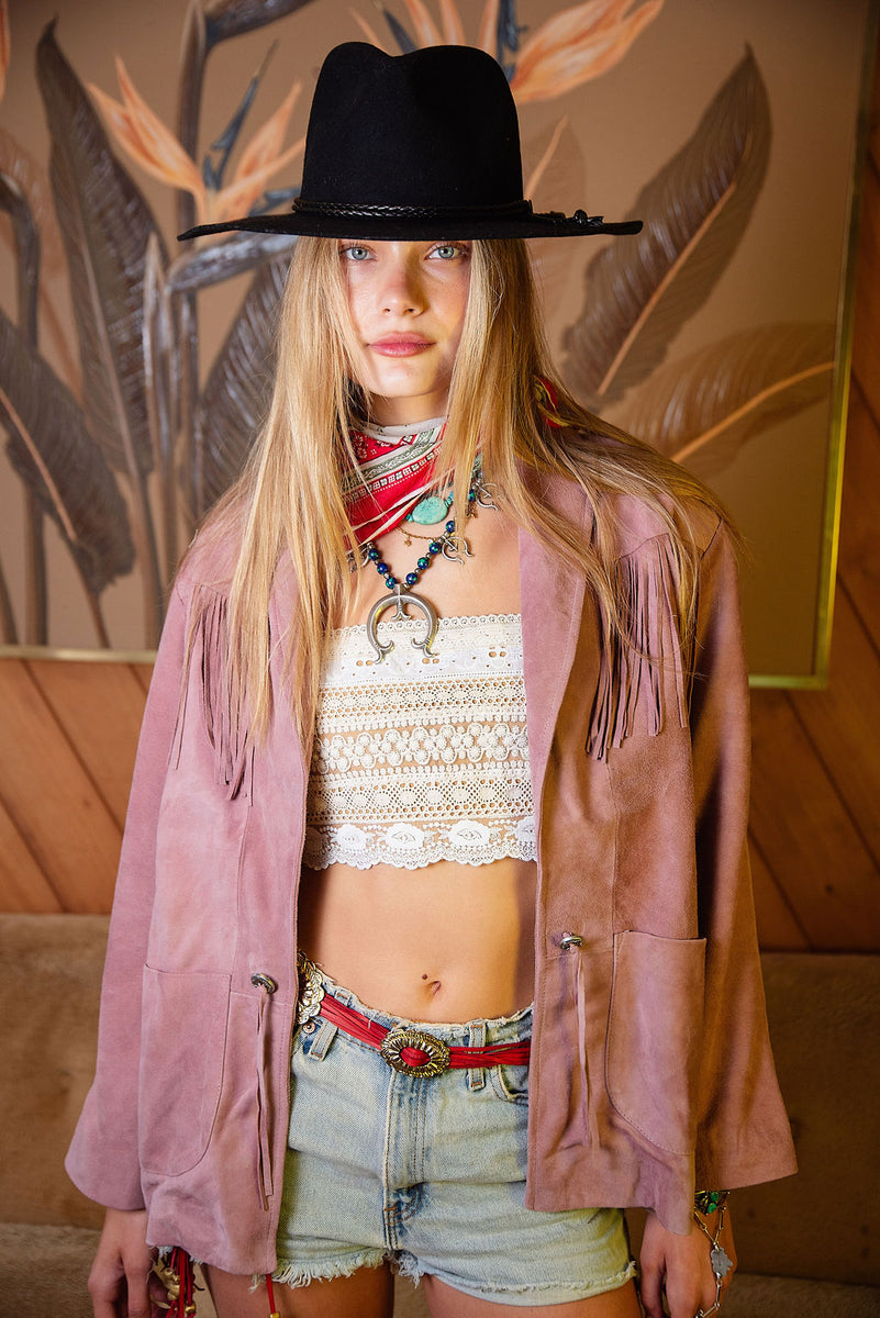 I'm Your Baby Tonight Suede Fringe Jacket - Pink - Chasing Unicorns