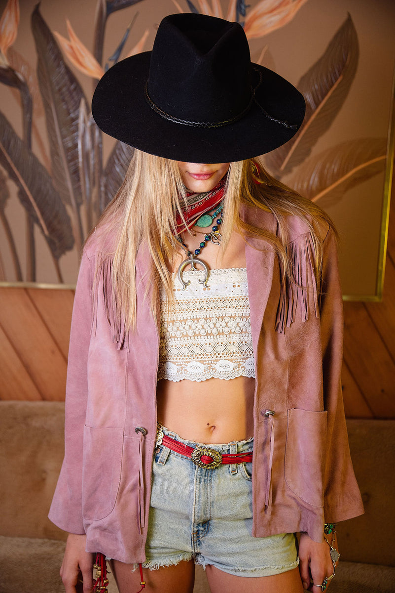 I'm Your Baby Tonight Suede Fringe Jacket - Pink - Chasing Unicorns