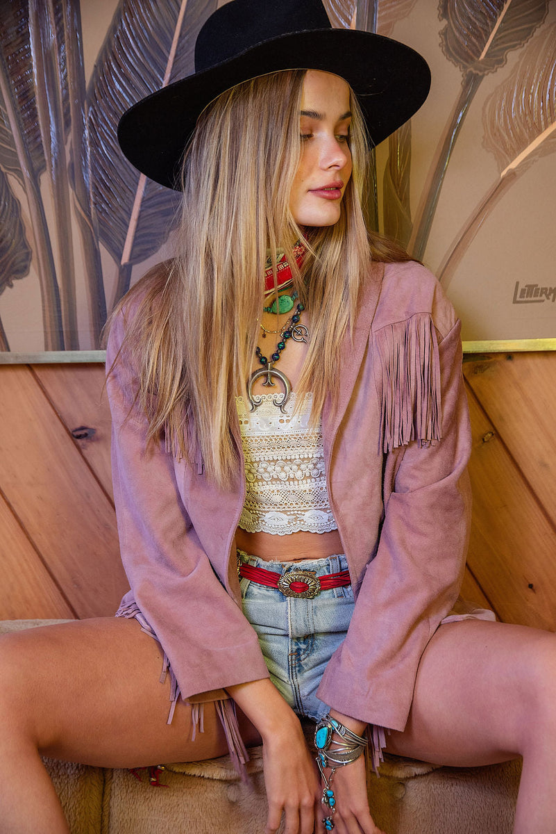 I'm Your Baby Tonight Suede Fringe Jacket - Pink - Chasing Unicorns