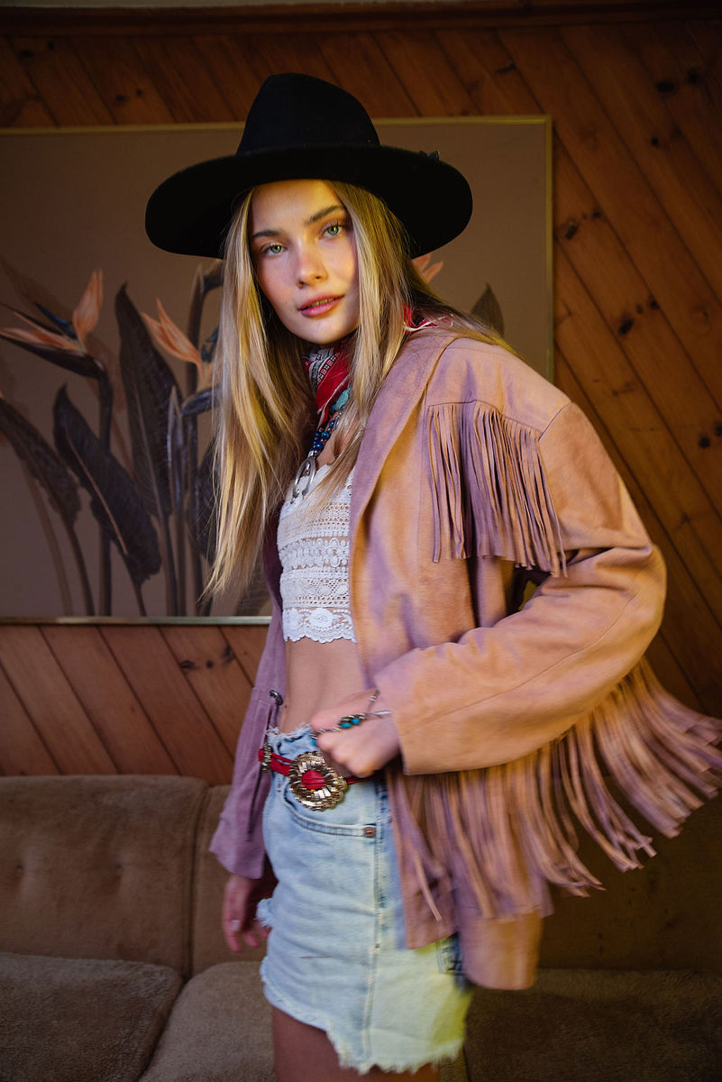 I'm Your Baby Tonight Suede Fringe Jacket - Pink - Chasing Unicorns