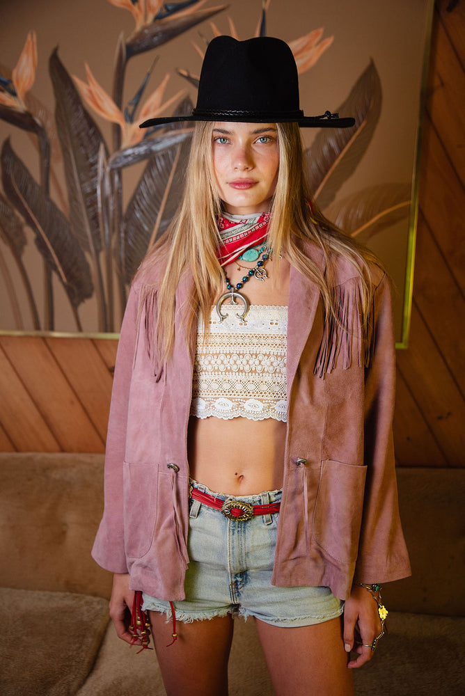 I'm Your Baby Tonight Suede Fringe Jacket - Pink