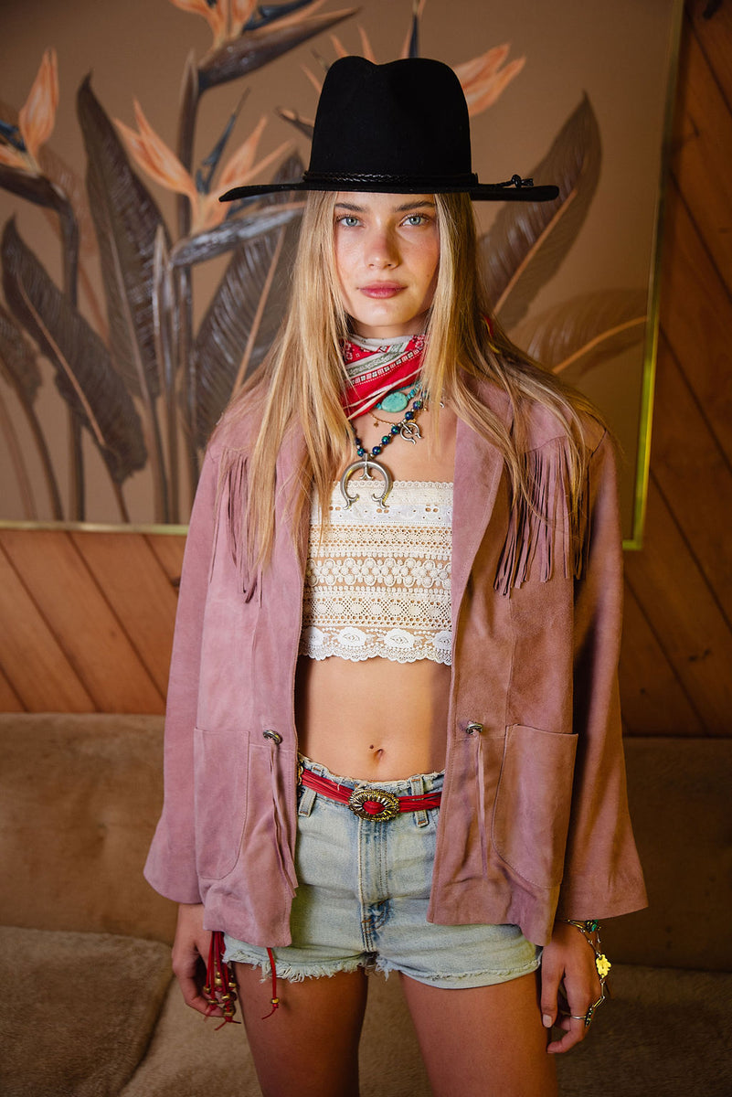 I'm Your Baby Tonight Suede Fringe Jacket - Pink - Chasing Unicorns
