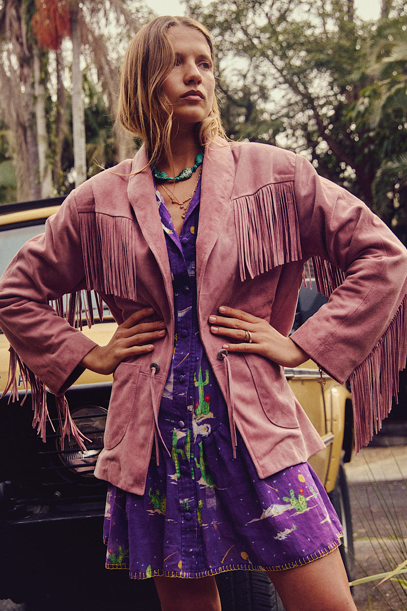 I'm Your Baby Tonight Suede Fringe Jacket - Pink - Chasing Unicorns
