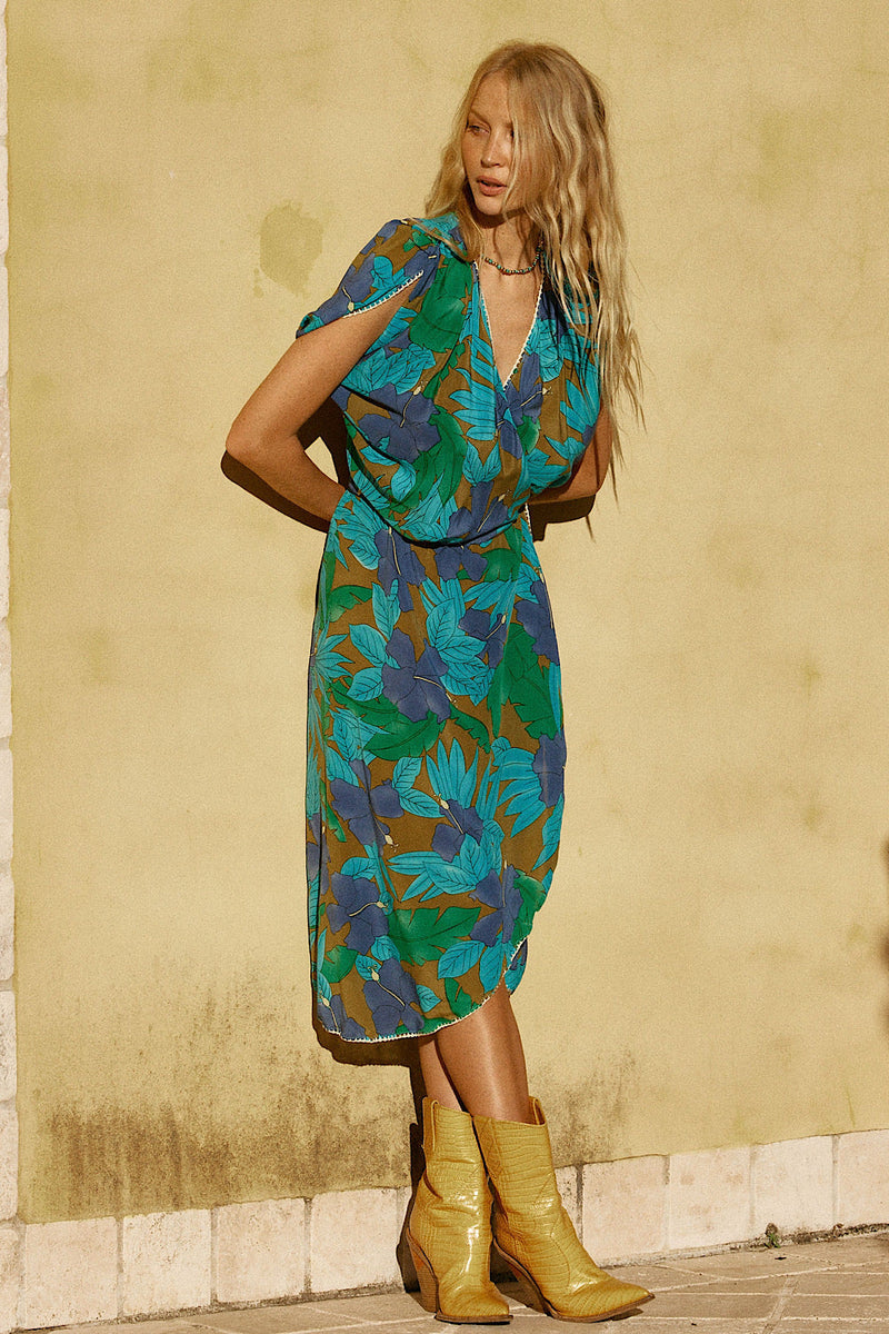 Jungle Fever Silk Crepe Wrap Midi Dress - Chasing Unicorns