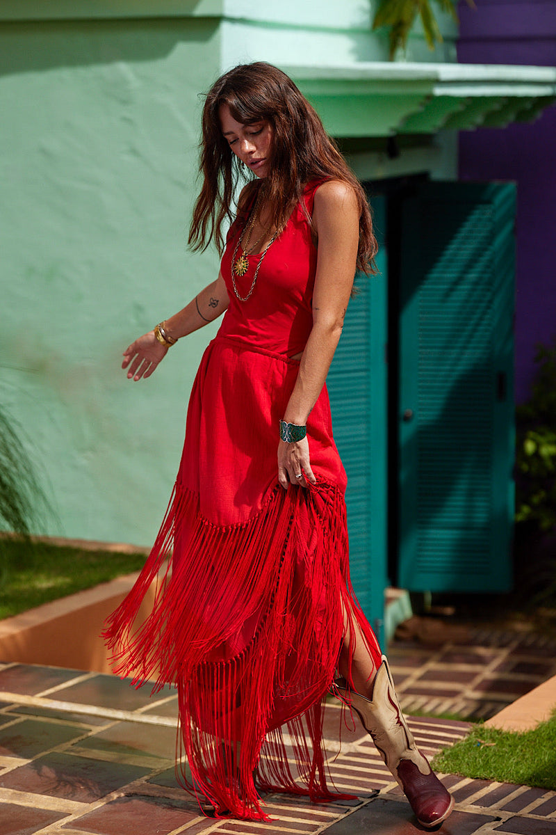 Libertango Cotton Jersey, Cotton Gauze + Fringe Maxi Dress - Scarlet - Chasing Unicorns