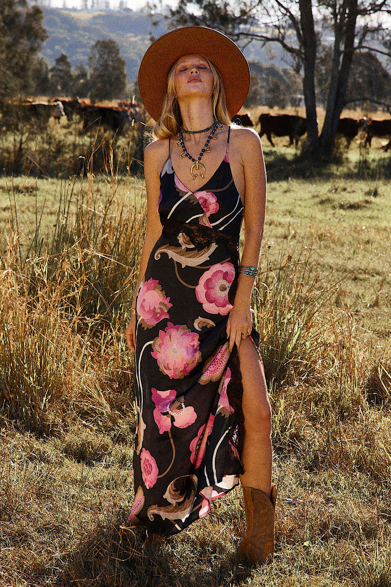 Long Way Around Satin + Lace Slip Maxi Dress - Black - Chasing Unicorns