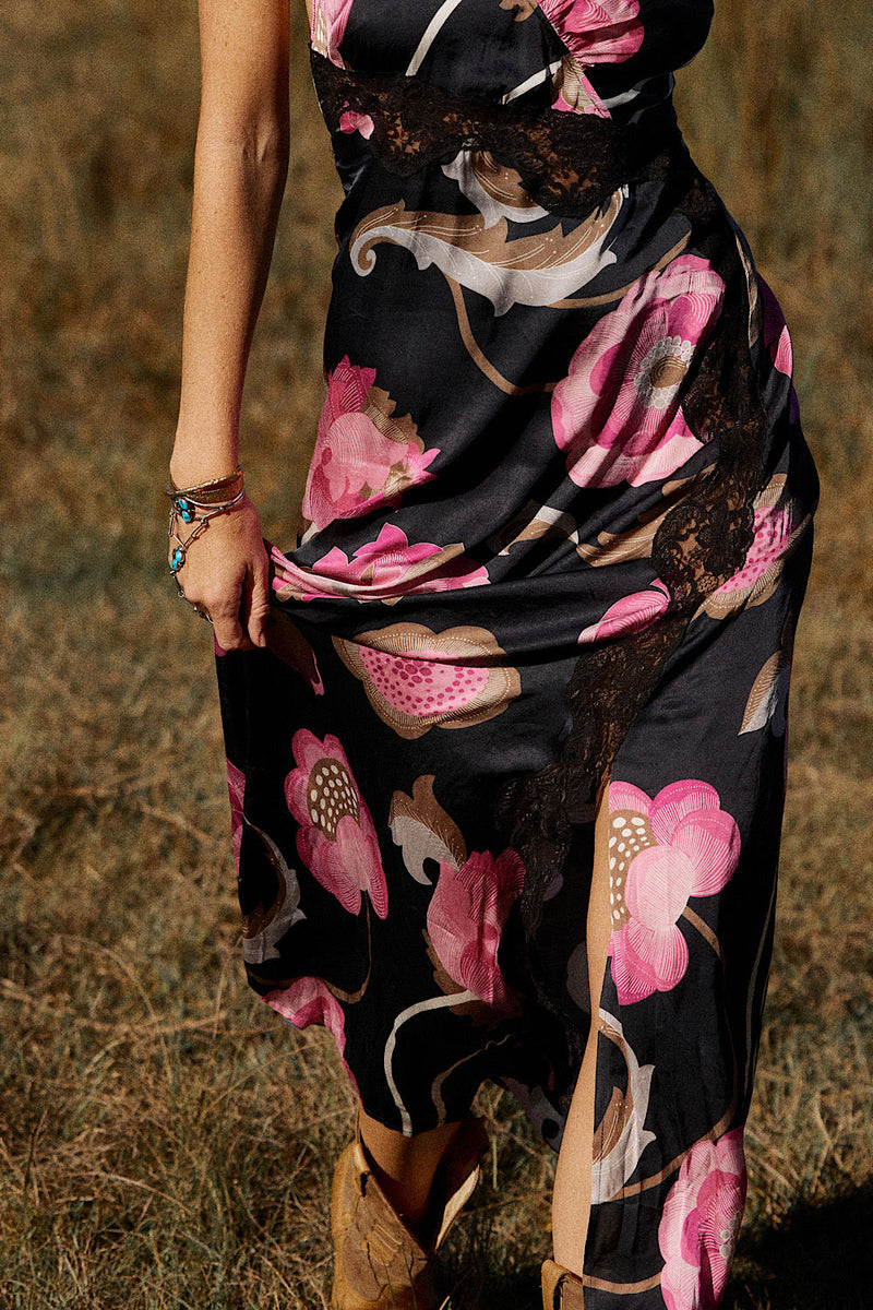 Long Way Around Satin + Lace Slip Maxi Dress - Black - Chasing Unicorns