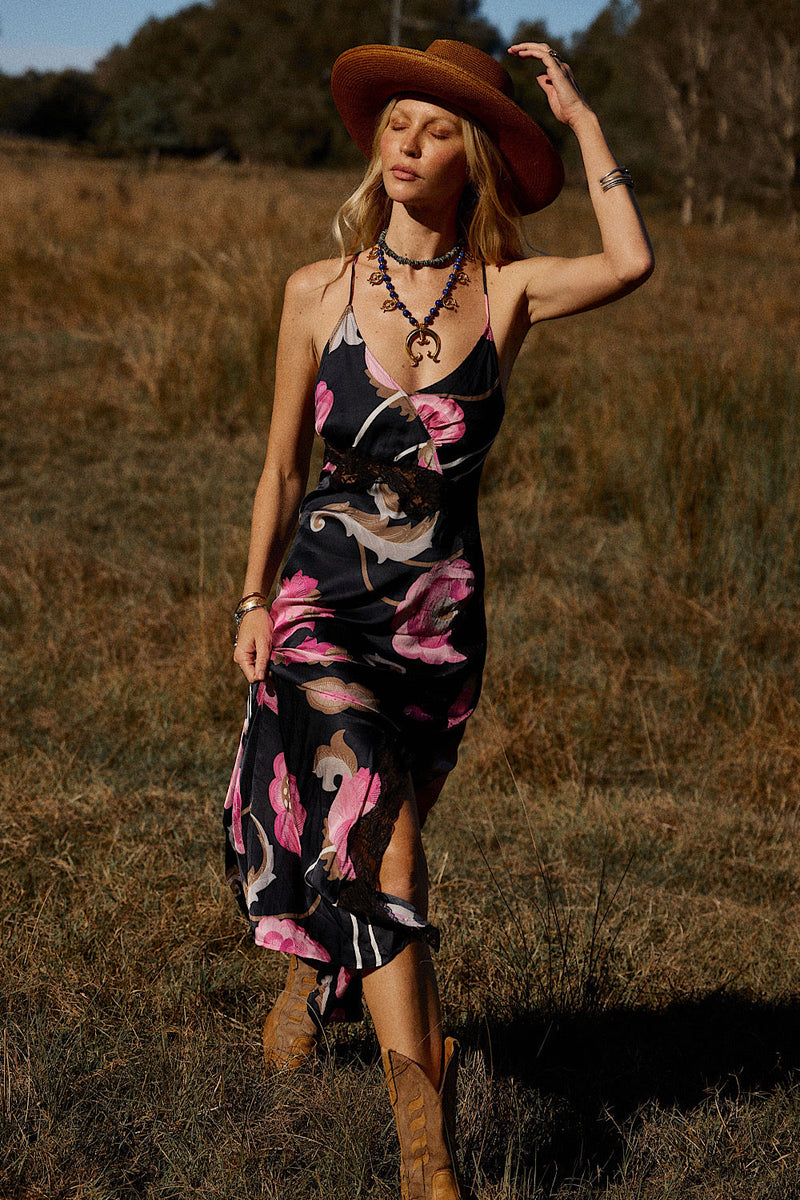 Long Way Around Satin + Lace Slip Maxi Dress - Black - Chasing Unicorns