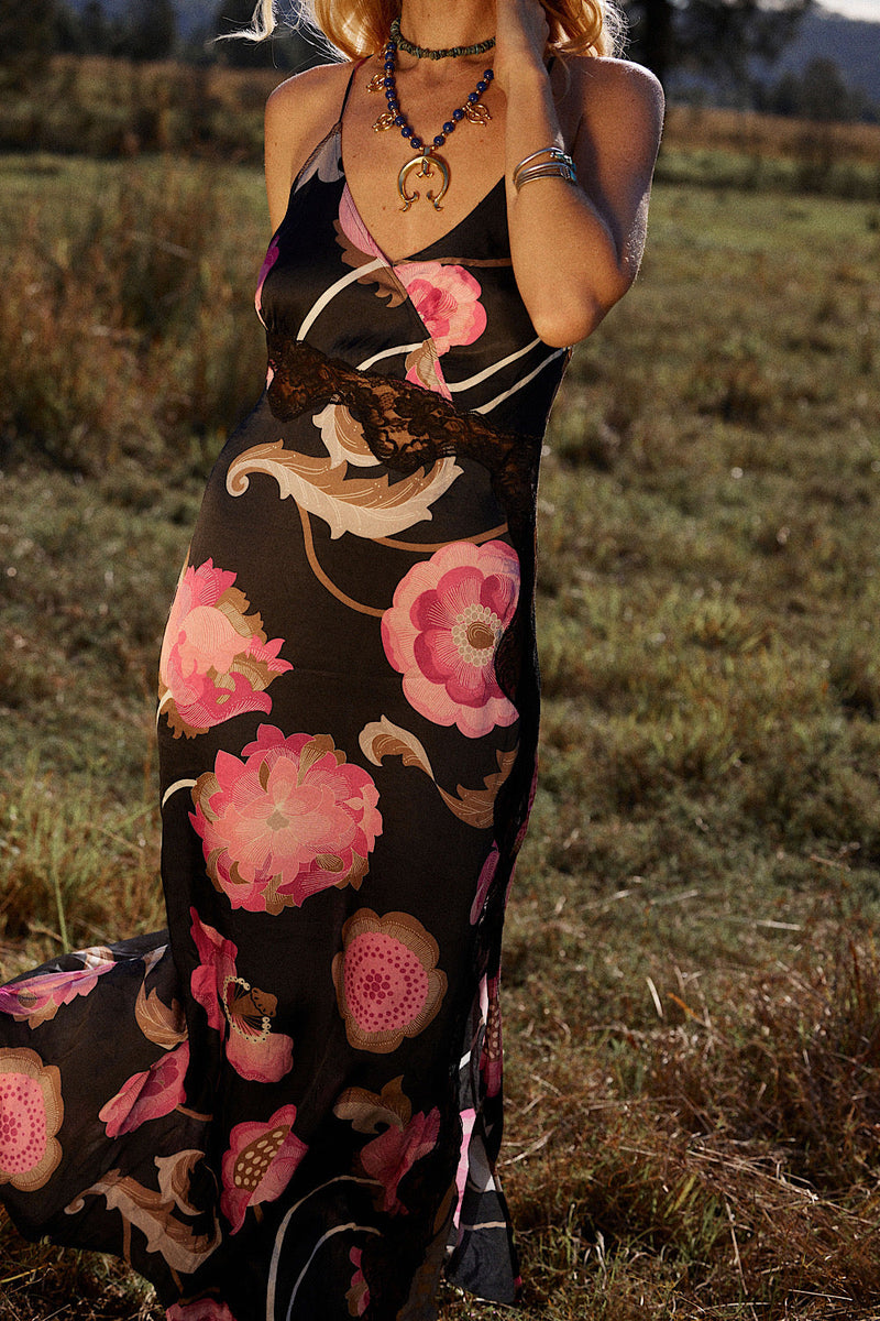 Long Way Around Satin + Lace Slip Maxi Dress - Black - Chasing Unicorns