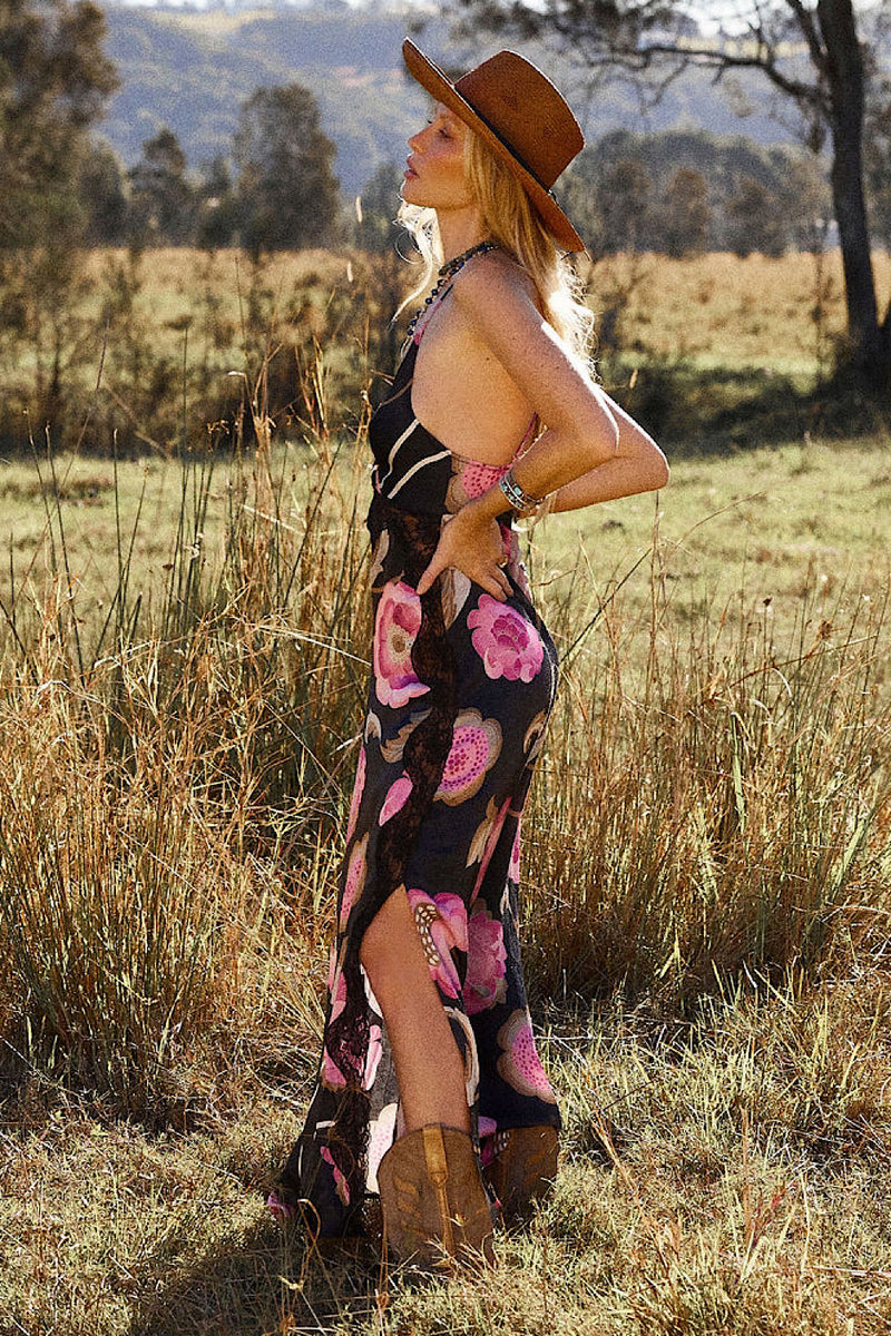 Long Way Around Satin + Lace Slip Maxi Dress - Black - Chasing Unicorns