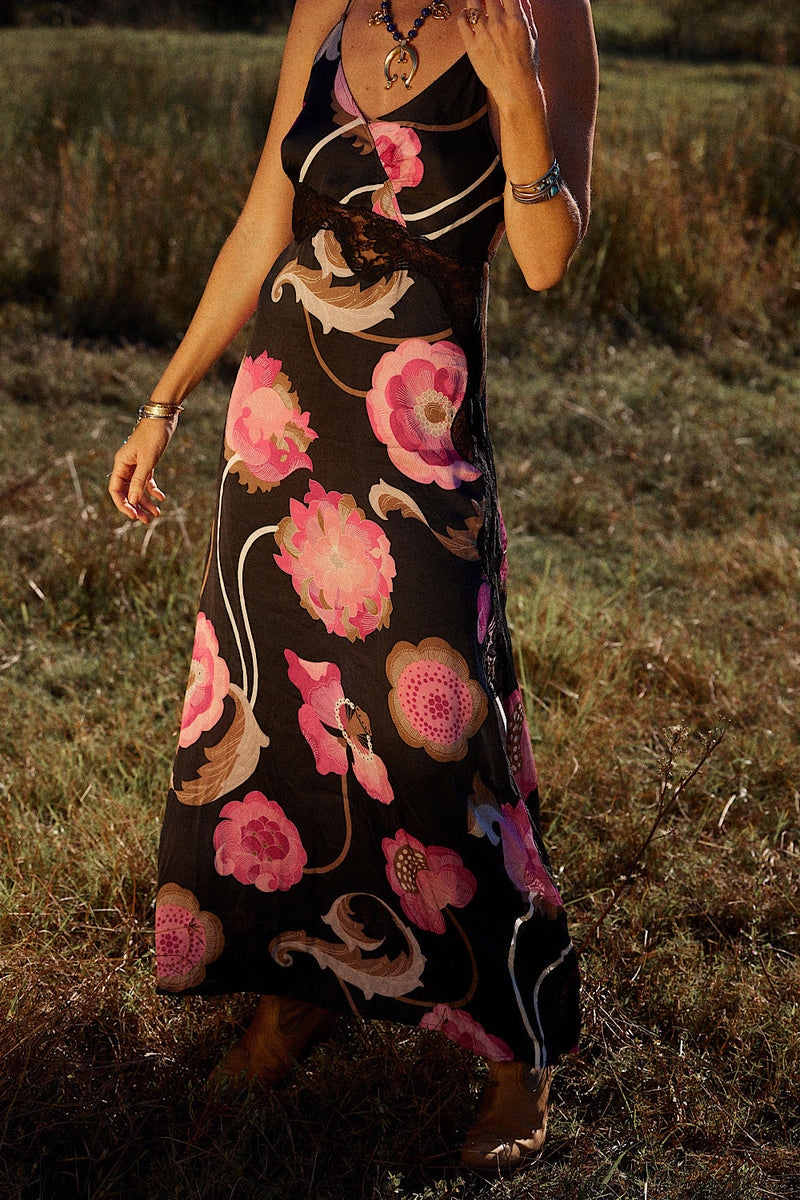Long Way Around Satin + Lace Slip Maxi Dress - Black - Chasing Unicorns