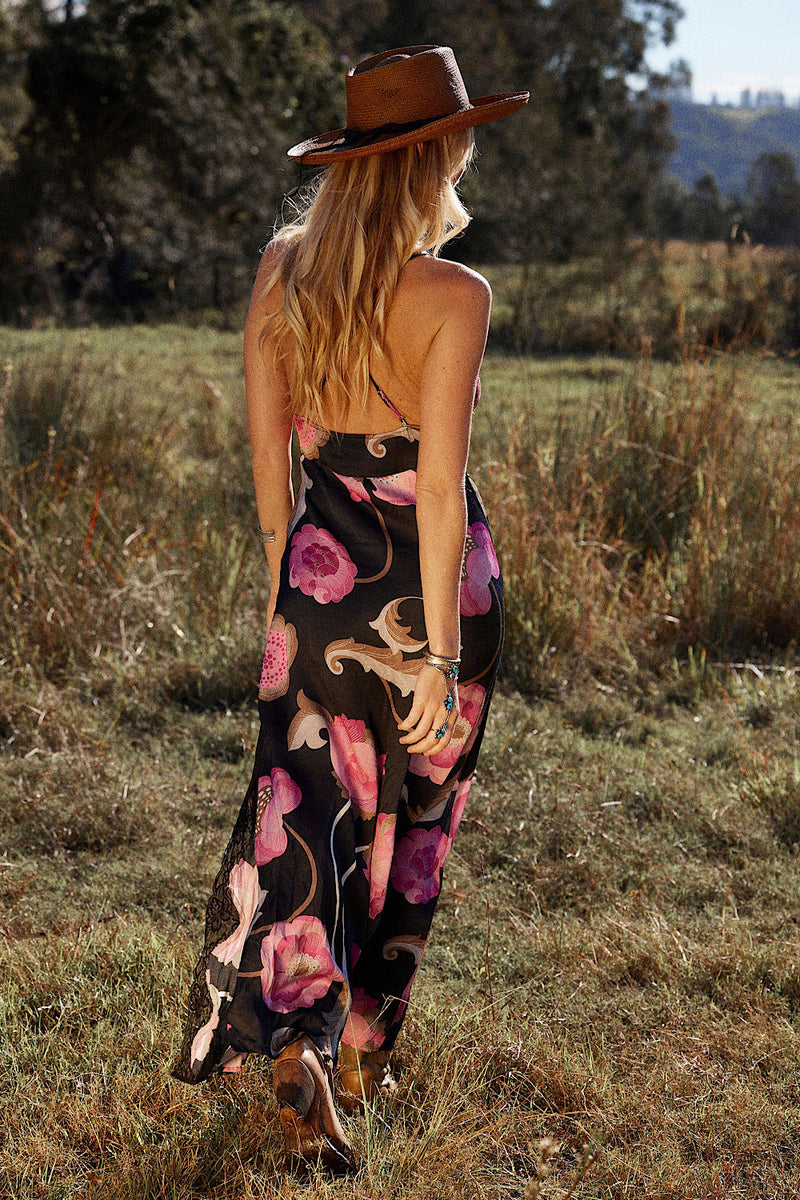 Long Way Around Satin + Lace Slip Maxi Dress - Black - Chasing Unicorns