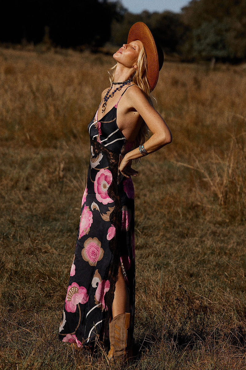 Long Way Around Satin + Lace Slip Maxi Dress - Black - Chasing Unicorns