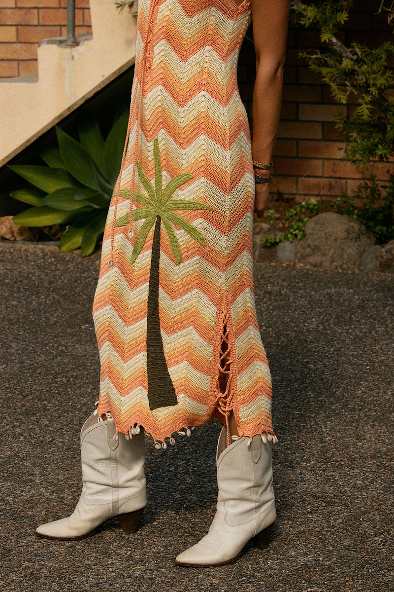 Long White Cloud Appliqué Palm Crochet Midi Dress - Chasing Unicorns