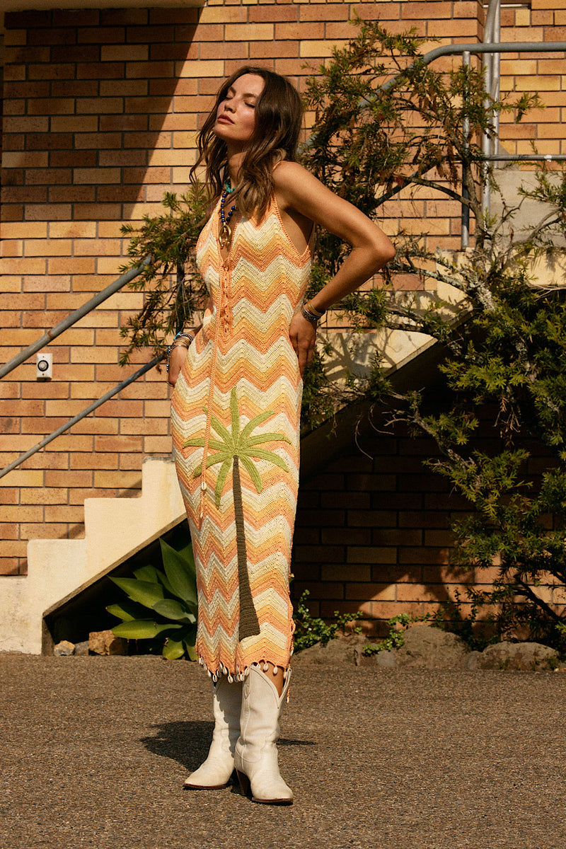 Long White Cloud Appliqué Palm Crochet Midi Dress - Chasing Unicorns