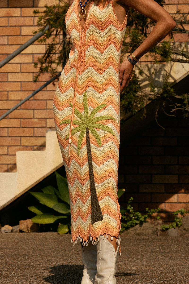 Long White Cloud Appliqué Palm Crochet Midi Dress - Chasing Unicorns