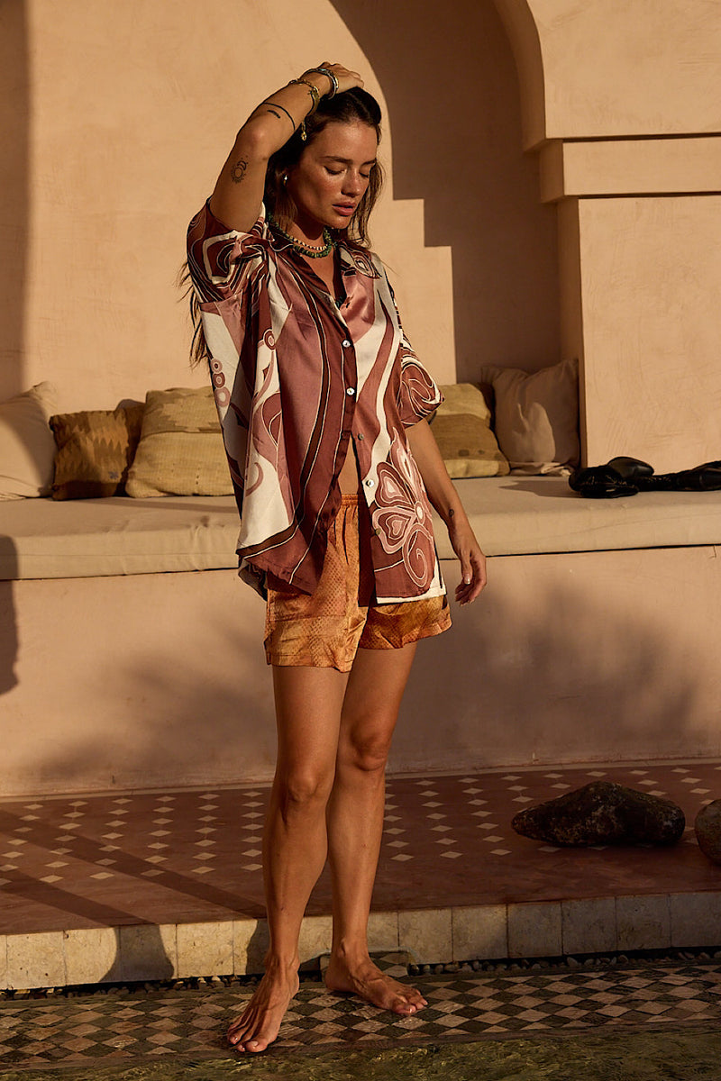 Miami Silk Satin Hand Painted Oversized Shirt - Chocolate - Chasing Unicorns
