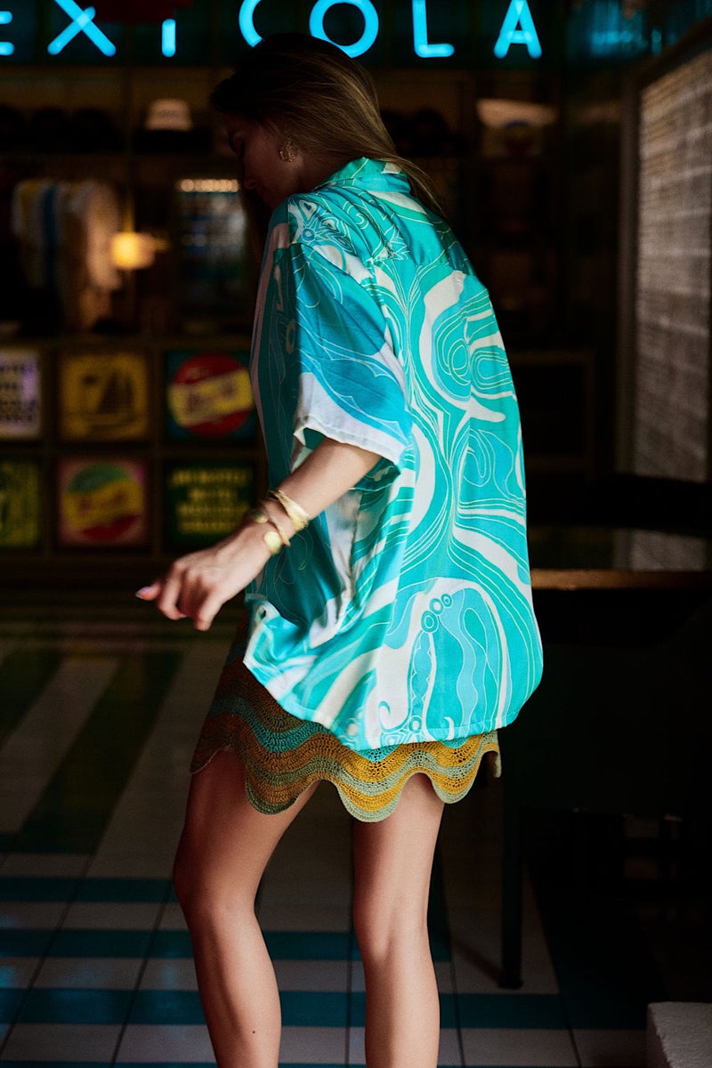 Miami Silk Satin Hand Painted Oversized Shirt - Turquoise - Chasing Unicorns