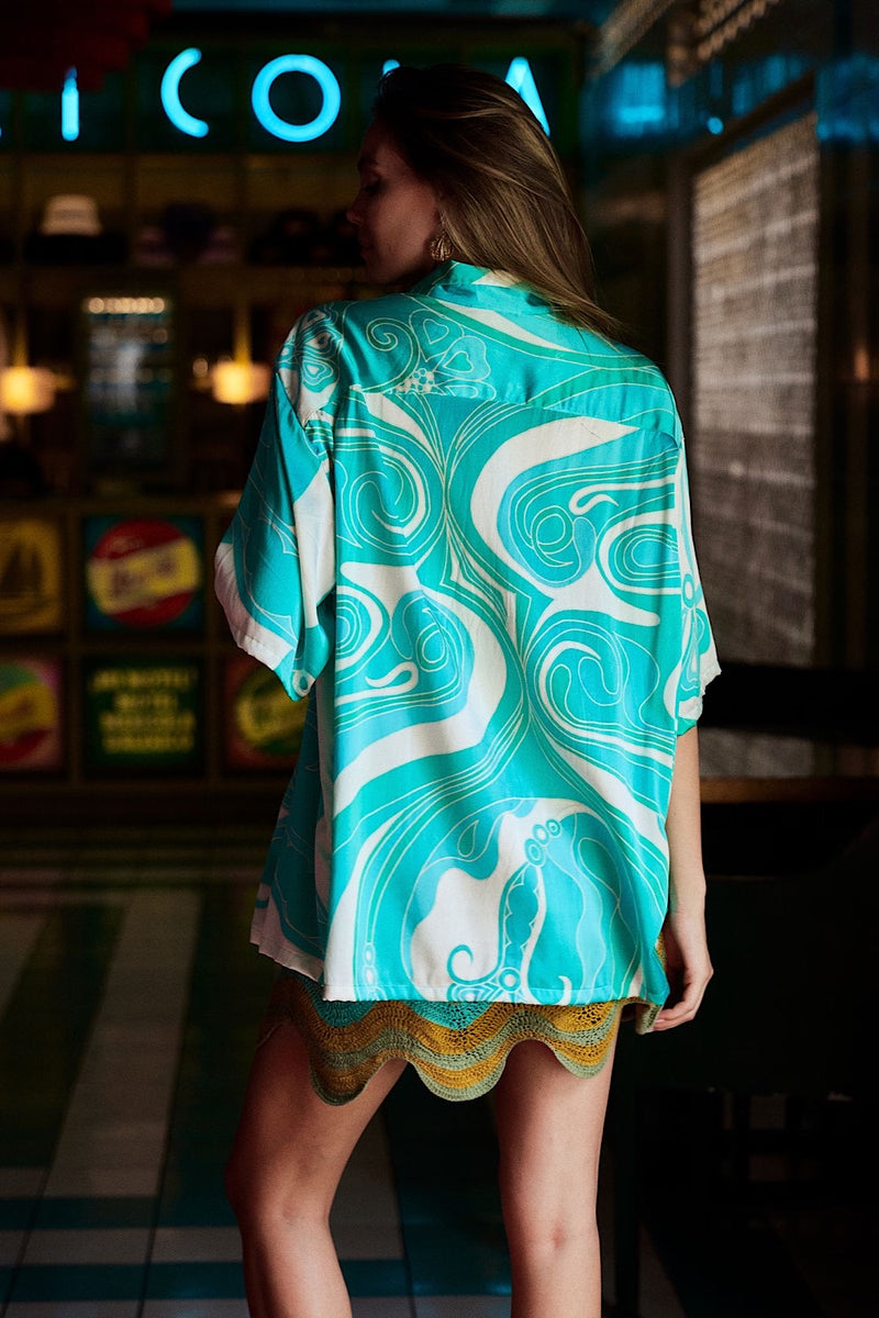 Miami Silk Satin Hand Painted Oversized Shirt - Turquoise - Chasing Unicorns
