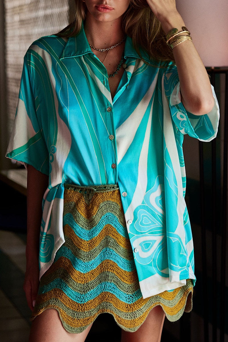 Miami Silk Satin Hand Painted Oversized Shirt - Turquoise - Chasing Unicorns