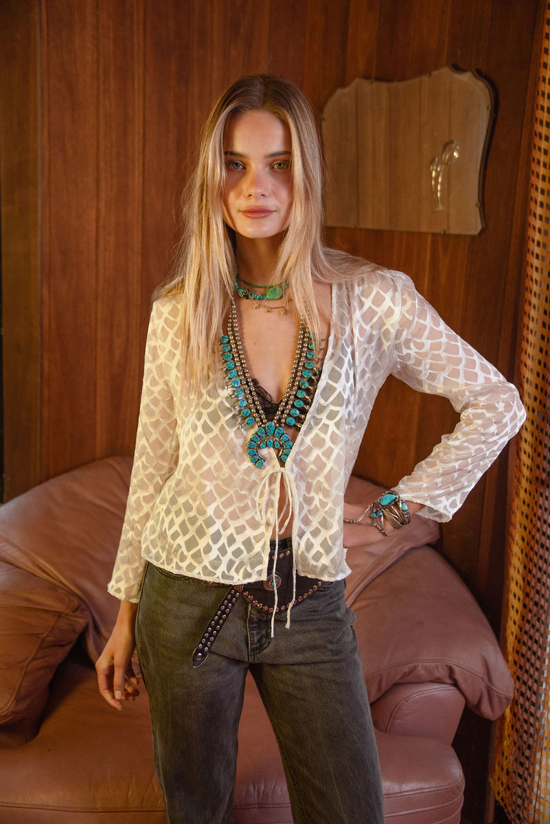 Mother of Pearl Silk Tie Blouse - Chasing Unicorns