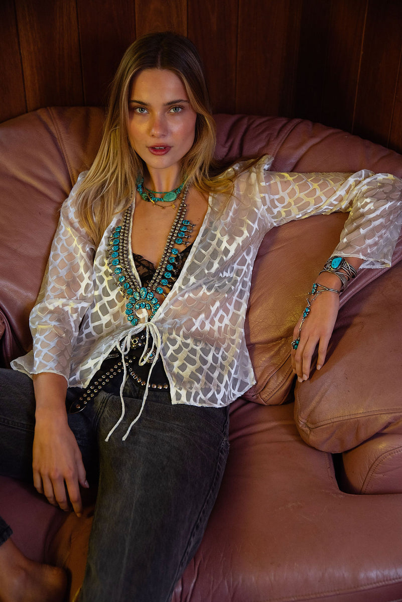 Mother of Pearl Silk Tie Blouse - Chasing Unicorns