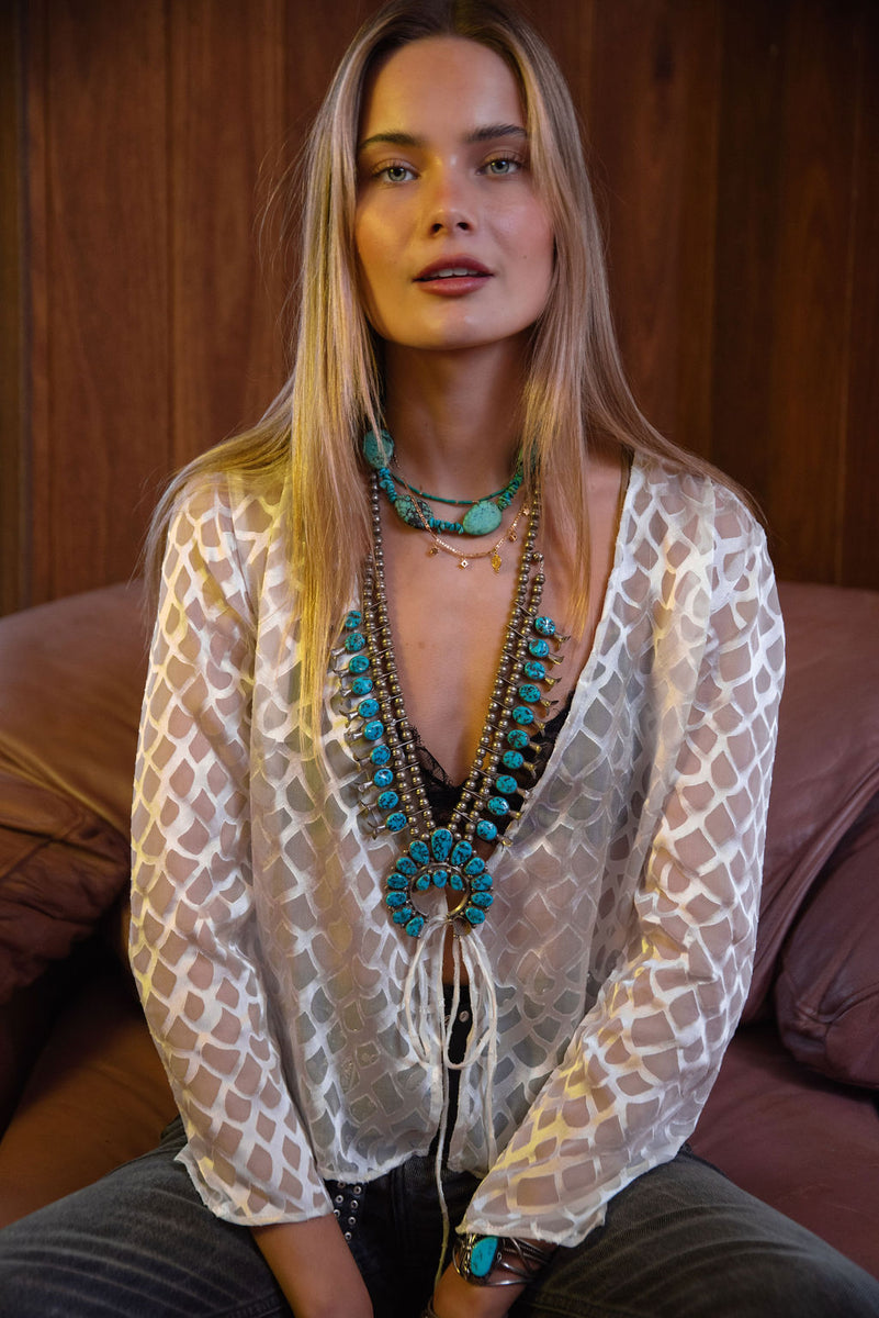 Mother of Pearl Silk Tie Blouse - Chasing Unicorns