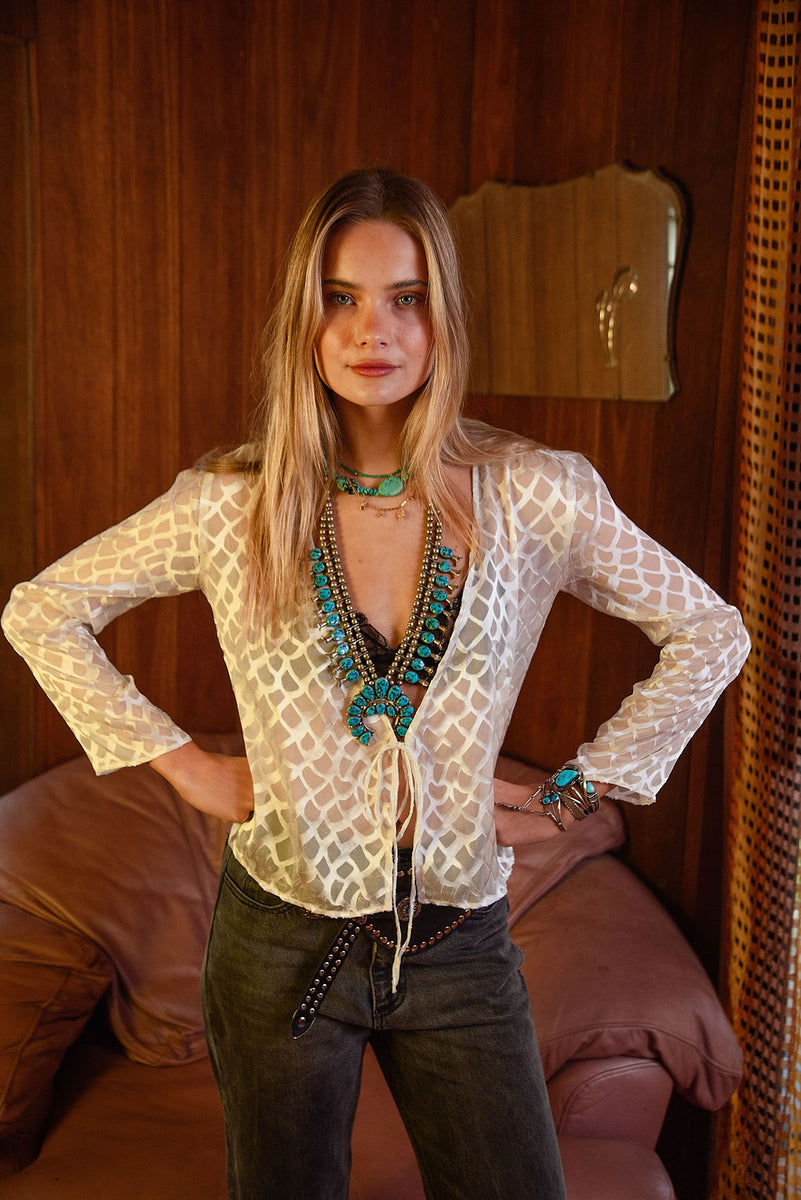 Mother of Pearl Silk Tie Blouse - Chasing Unicorns