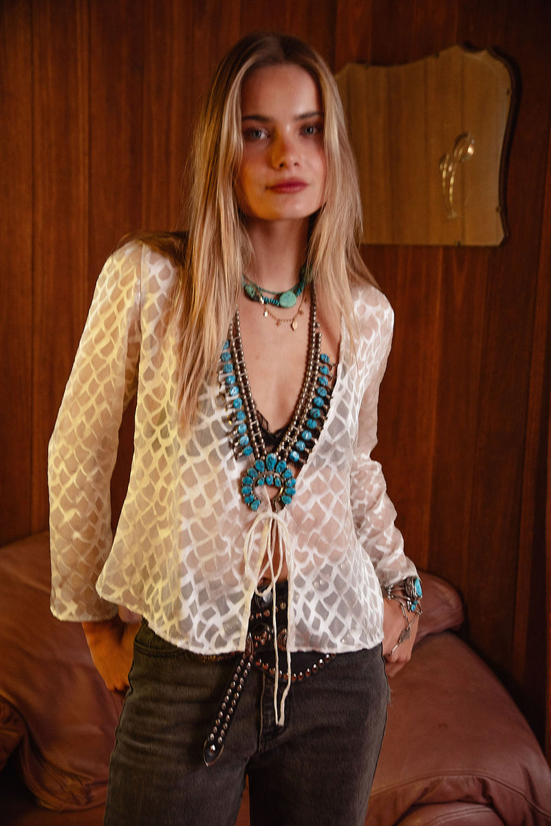 Mother of Pearl Silk Tie Blouse - Chasing Unicorns