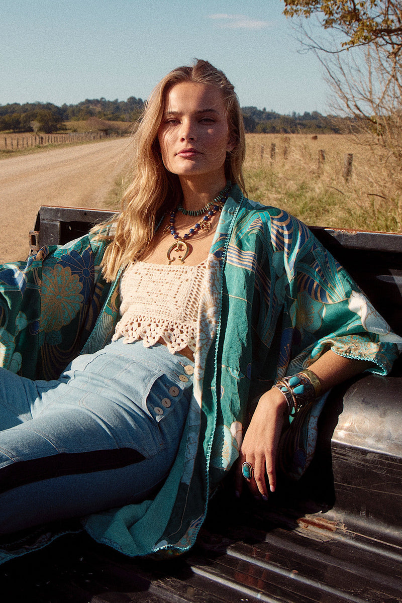 NEW Blue Abstract Silk Satin Kimono - Chasing Unicorns