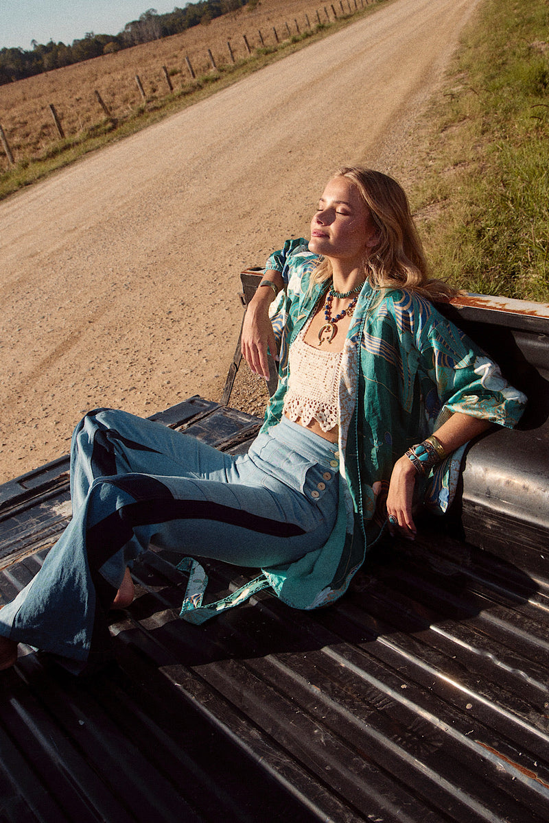 NEW Blue Abstract Silk Satin Kimono - Chasing Unicorns