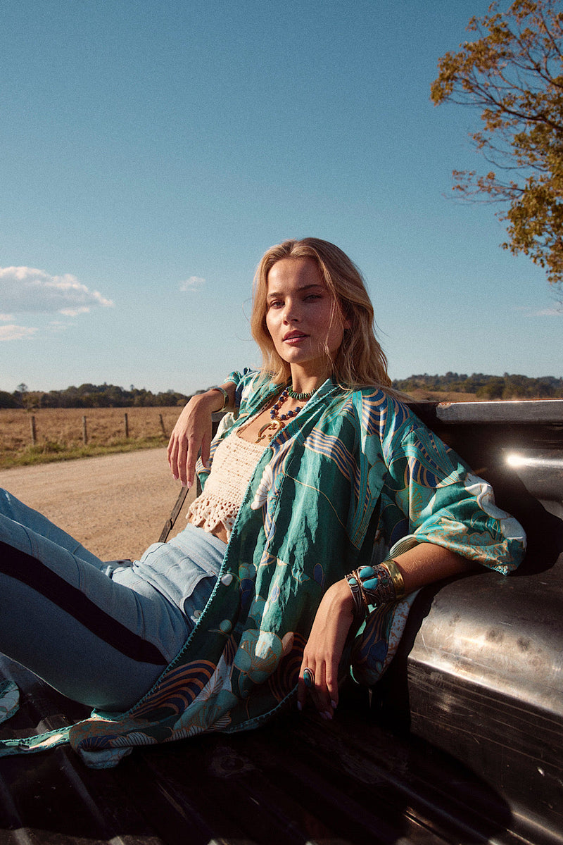 NEW Blue Abstract Silk Satin Kimono - Chasing Unicorns