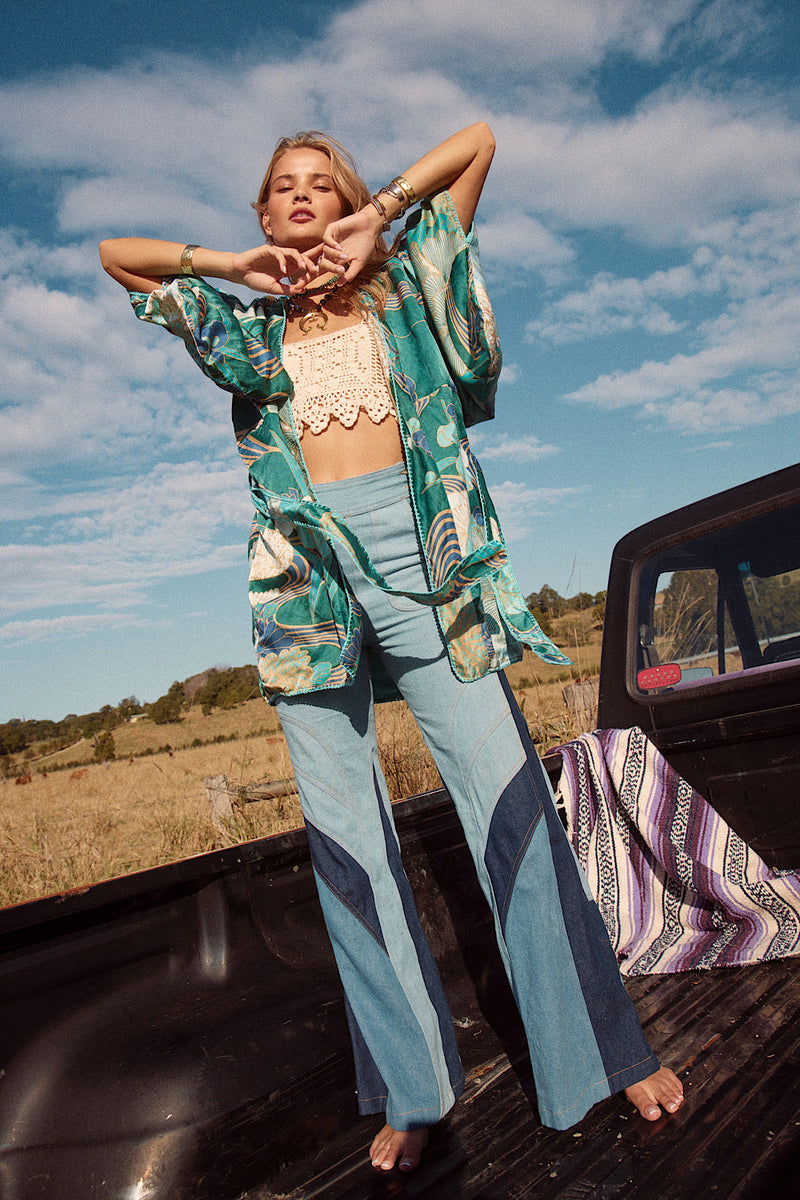 NEW Blue Abstract Silk Satin Kimono - Chasing Unicorns