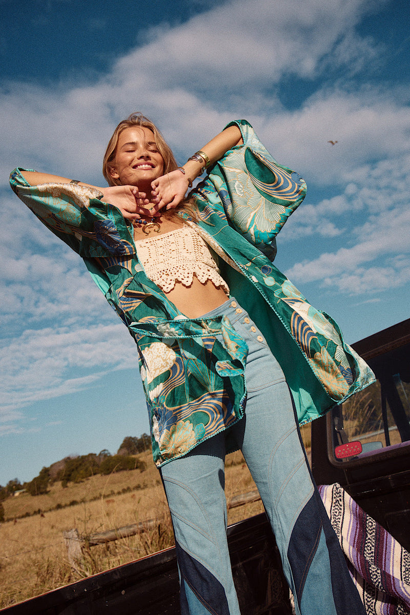 NEW Blue Abstract Silk Satin Kimono - Chasing Unicorns