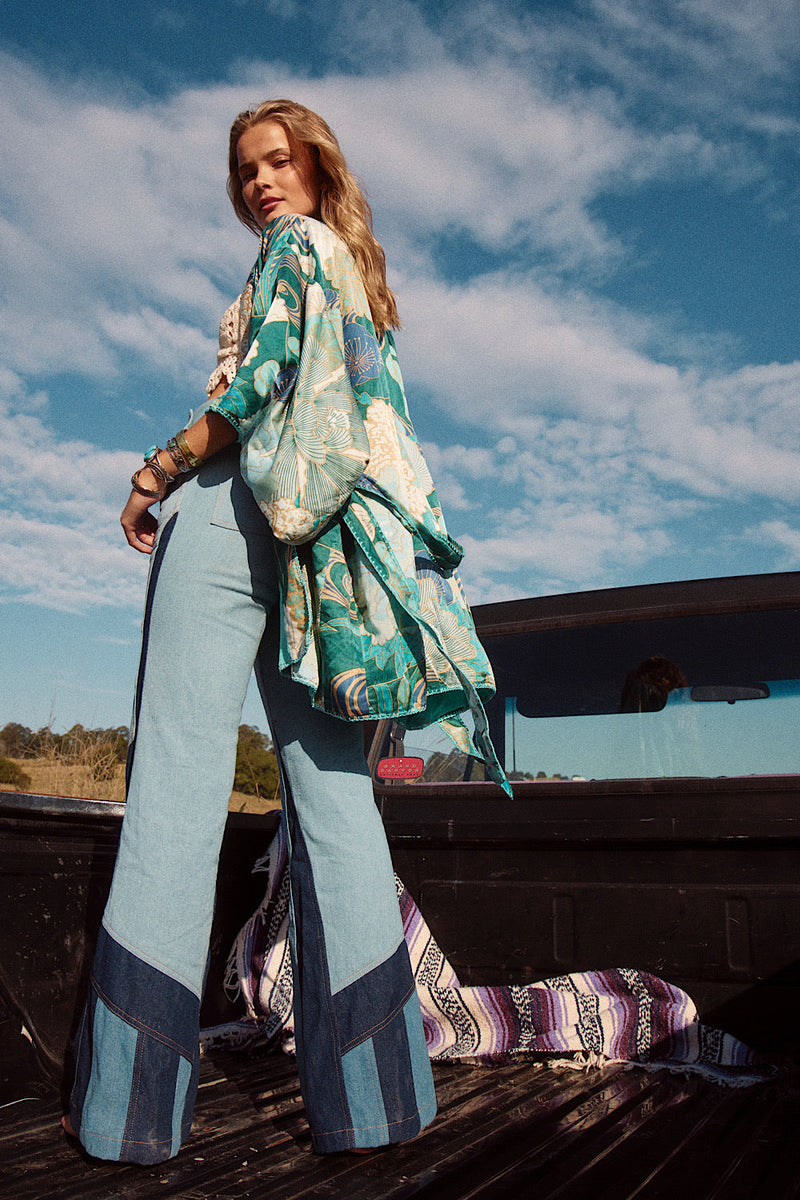 NEW Blue Abstract Silk Satin Kimono - Chasing Unicorns