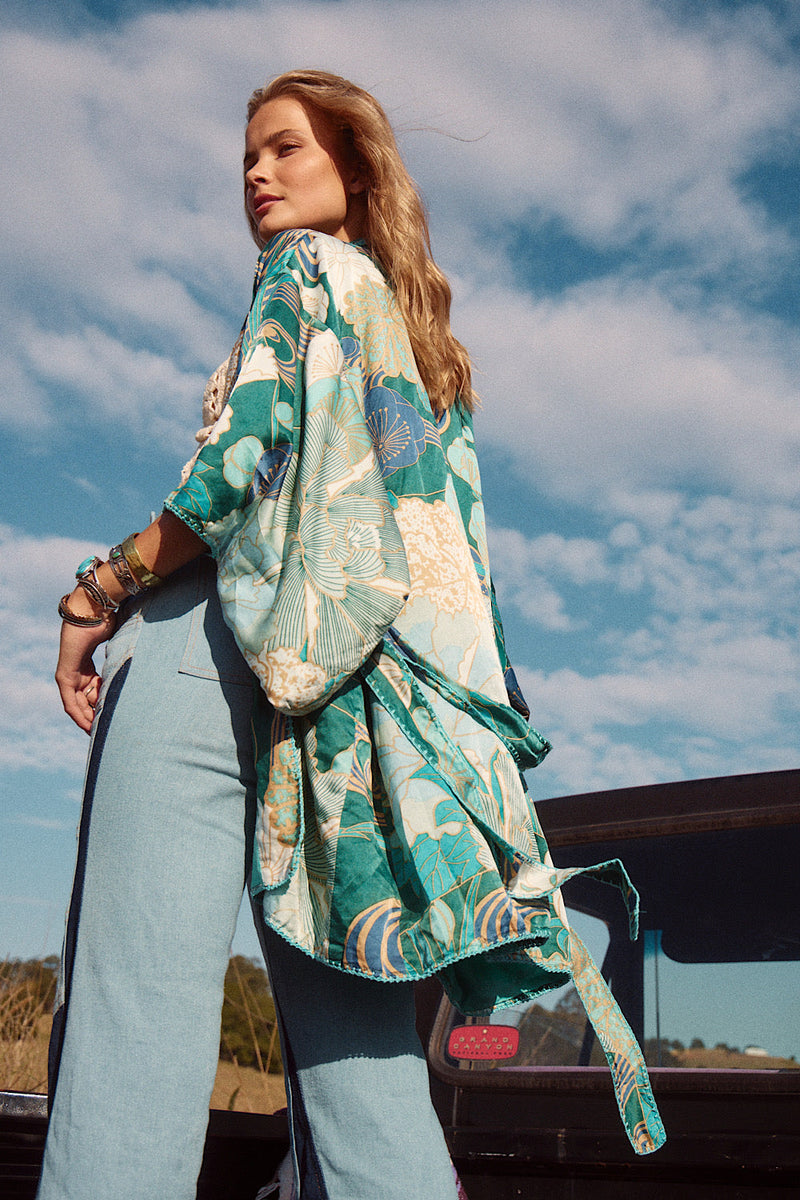 NEW Blue Abstract Silk Satin Kimono - Chasing Unicorns