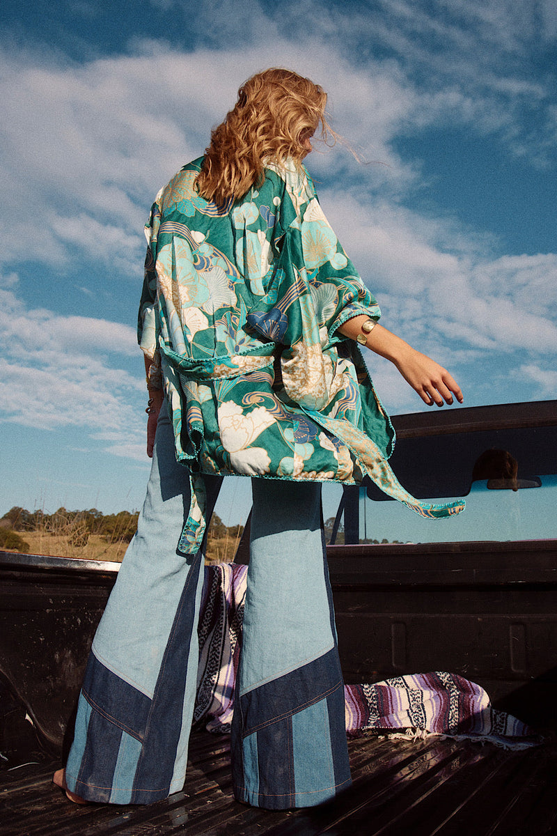 NEW Blue Abstract Silk Satin Kimono - Chasing Unicorns