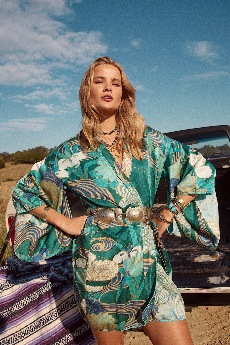 NEW Blue Abstract Silk Satin Kimono - Chasing Unicorns