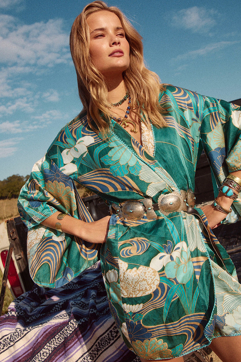 NEW Blue Abstract Silk Satin Kimono - Chasing Unicorns