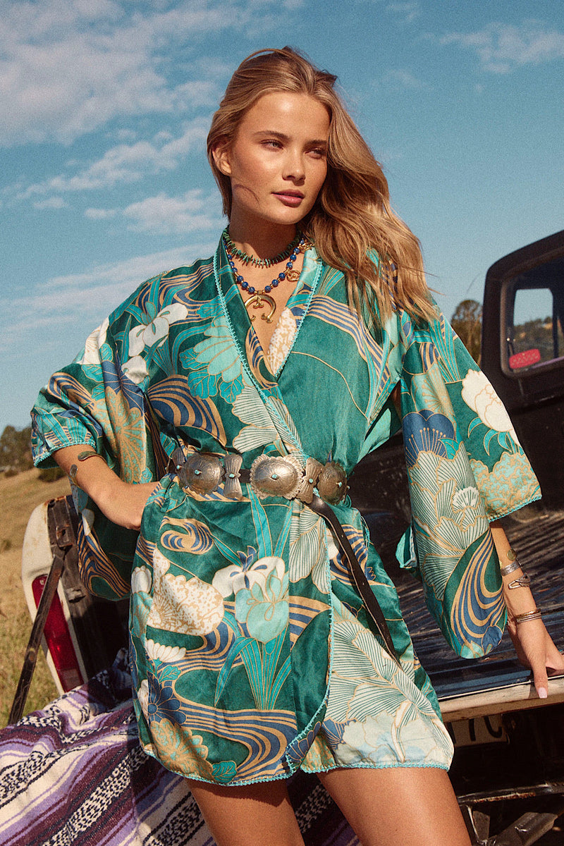 NEW Blue Abstract Silk Satin Kimono - Chasing Unicorns
