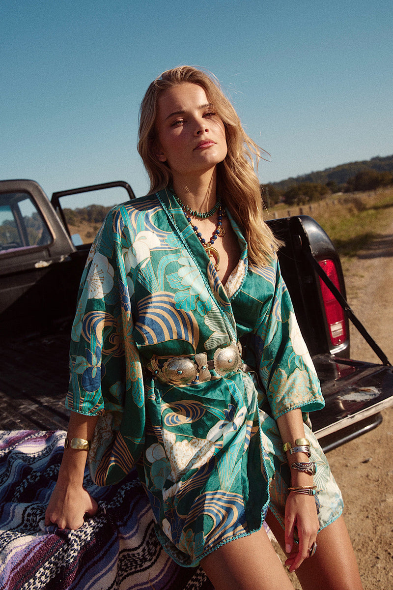 NEW Blue Abstract Silk Satin Kimono - Chasing Unicorns
