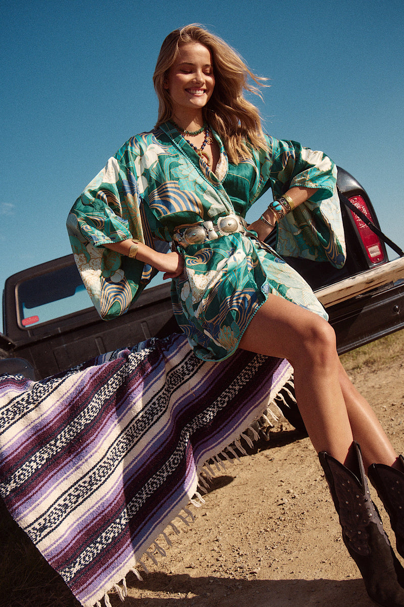 NEW Blue Abstract Silk Satin Kimono - Chasing Unicorns