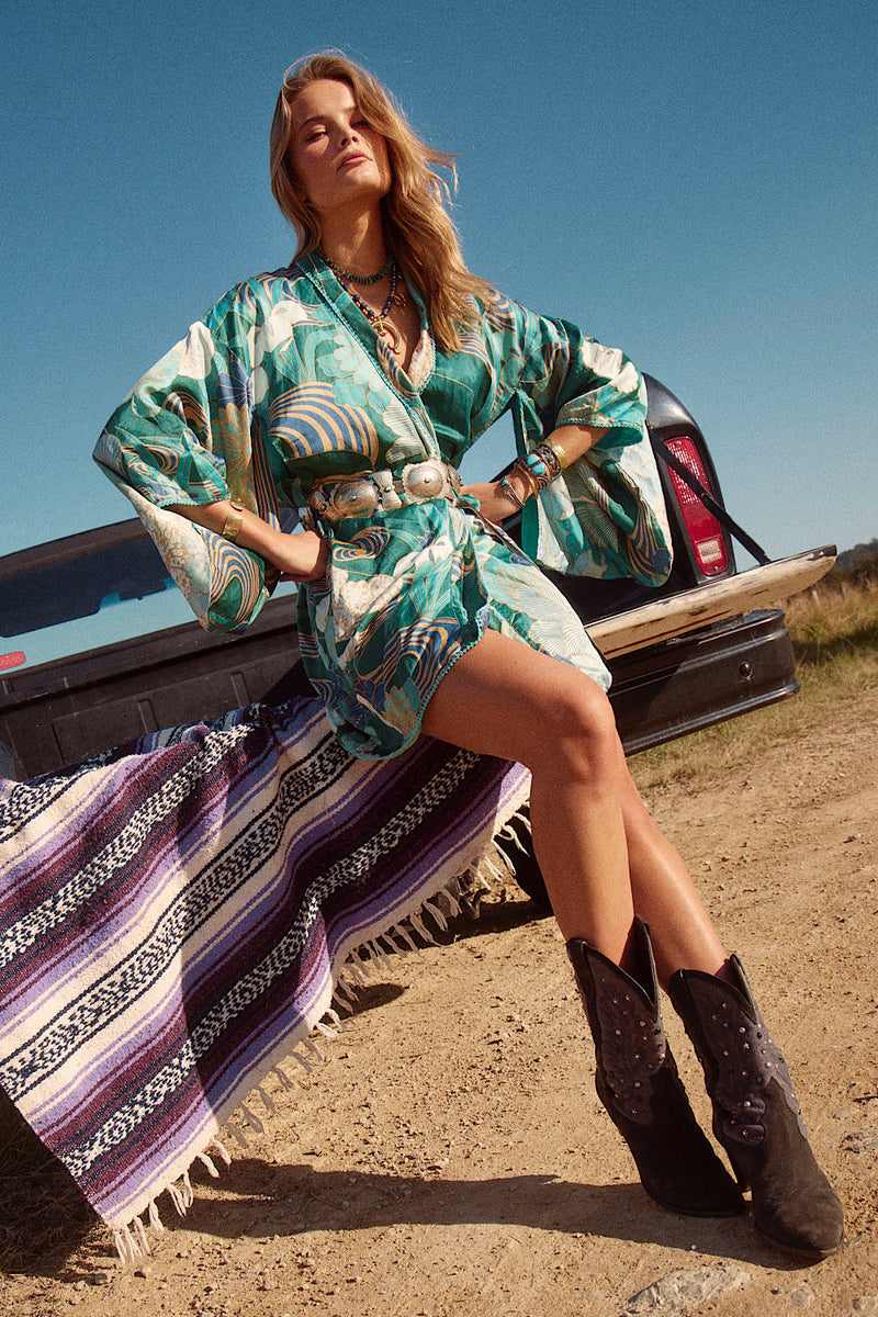 NEW Blue Abstract Silk Satin Kimono - Chasing Unicorns